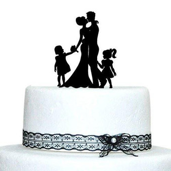 Engagement Wedding Cake Topper (Family /Little Girls Daughter Children)[Bride, Groom & 2 Daughters]
