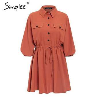 Simplee Elegant linen short shirt dress women Long sleeve cotton dress buttons female vestidos Vintage summer dresses casual