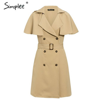 Simplee Solid ruffled sleeve women blazer dress Elegant sash belt office ladies trench dress V-neck shawl party dress vestidos