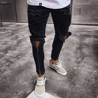 Distressed Black Jeans with Knee Hole Zip Detail