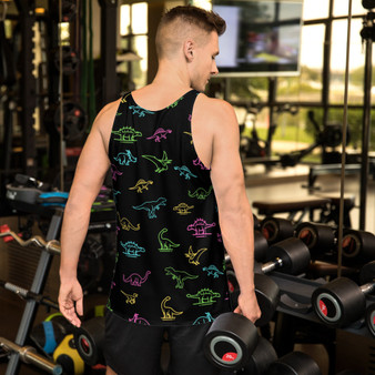 Neon Dinosaurs, Hand Sewn All-Over-Print Fabric, Unisex Rave Tank Top