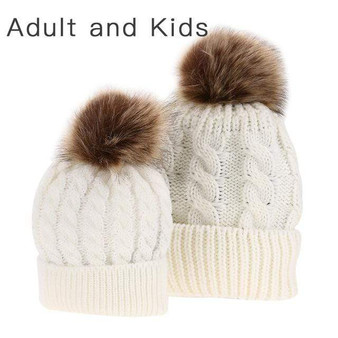 Mom and Baby Matching Knitted Hats Warm Fleece Crochet Beanie