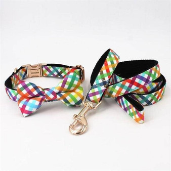 Rainbow Gingham Bow-Tie Collar & Leash Set