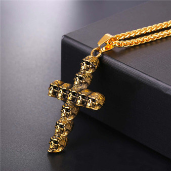 Mens Skull Cross Necklace Gold Silver Stainless Steel