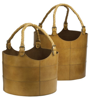 Brown Nested Caramel Leather Buckets - Set Of 2 - Style: 7331110