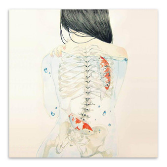 Watercolor Japanese Sexy Naked Girl with Exposed Skeleton and Coy Fish, Bold Fish Art