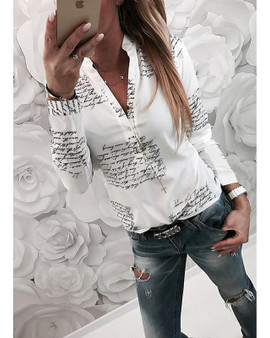 Women's Blouse Shirt Pattern Letter Long Sleeve Shirt Collar Tops Slim Basic Basic Top White-803