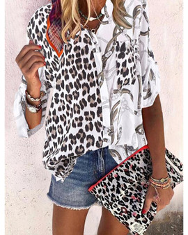 Women's Blouse Shirt Leopard Color Block Cheetah Print Long Sleeve V Neck Tops Basic Top White Black Army Green-823