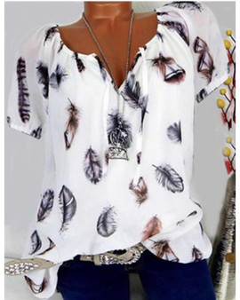 Women's T-shirt Print Graphic Feather V Neck Tops Basic Top White Black Blue-832