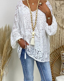 Women's Plus Size Blouse Shirt Floral Flower Long Sleeve Lace Hollow Out V Neck Tops Loose Lace Casual Basic Top White-830