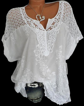 Women's Plus Size Blouse Shirt Solid Colored Long Sleeve Lace Floral V Neck Tops Loose Lace Cotton Basic Basic Top White Black Blue-810