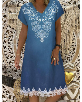 Women's Shift Dress Knee Length Dress - Short Sleeve Geometric Lace Print Summer V Neck Hot Casual Blue M L XL XXL 3XL