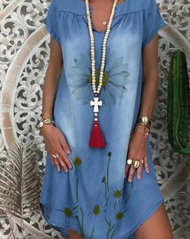 Women's Denim Dress Knee Length Dress - Short Sleeve Floral Print Summer V Neck Casual Loose Blue M L XL XXL 3XL