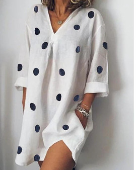 Women's A-Line Dress Short Mini Dress - 3/4 Length Sleeve Polka Dot V Neck Cotton Loose White Blue Blushing Pink Khaki S M L XL XXL 3XL