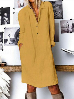 Women's Shift Dress Knee Length Dress - Long Sleeve Spring Summer Shirt Collar Hot Casual Loose White Yellow Navy Blue S M L XL XXL 3XL