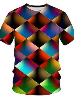 Men's Geometric Graphic T-shirt Print Short Sleeve Daily Tops Streetwear Exaggerated Round Neck Rainbow / Summer