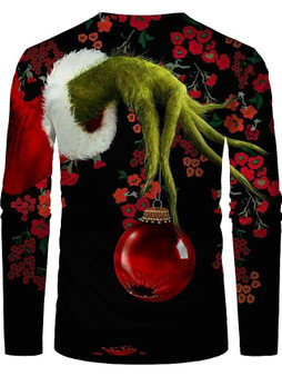 Men's 3D Graphic T-shirt Print Long Sleeve Christmas Tops Round Neck Black / Red