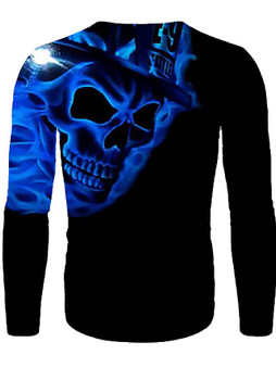 Men's 3D Graphic Skull T-shirt Print Long Sleeve Halloween Tops Basic Round Neck Royal Blue