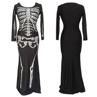 BFJFY Halloween Cosplay Costume Women Skull Pettern Scary Bones Long Dress