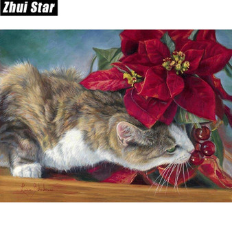 5D DIY Diamond Painting Cat and Poinsettia - craft kit