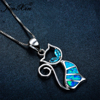 925 Sterling Silver Filled Cat with Blue Fire Opal Pendant Necklace