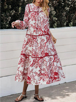 Women's Swing Dress Midi Dress - Long Sleeve Print Print Fall Winter Casual Vintage Going out Lantern Sleeve Red S M L XL