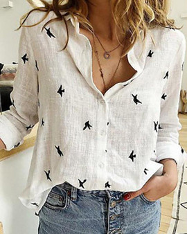 Women's Plus Size Blouse Shirt Geometric Long Sleeve Round Neck Tops Loose Basic Top White Blue Red-0207832