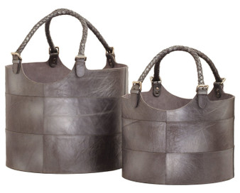 Silver Nested Gunmetal Leather Buckets - Set Of 2 - Style: 7330820