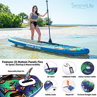 SereneLife Inflatable Stand Up Paddle Board (6 Inches Thick) with Premium SUP Accessories & Carry Bag | Wide Stance, Bottom Fin for Paddling, Surf Control, Non-Slip Deck | Youth & Adult Standing Boat