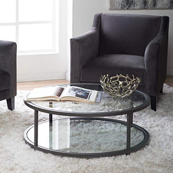 Studio Designs Home Camber Round Glass Coffee Table In Pewter With Clear Glass, Living Room Coffee Table, 71003