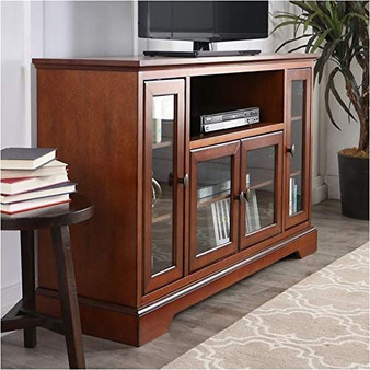 Pemberly Row 52" Highboy Style Wood TV Stand Console Entertainment Credenza Buffet Sideboard Cabinet with Glass Storage in Rustic Brown