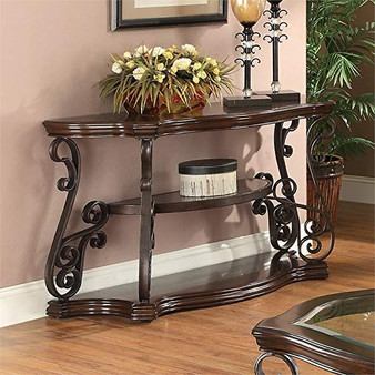 BOWERY HILL Ornate Sofa Table with Tempered Glass Top in Deep Merlot
