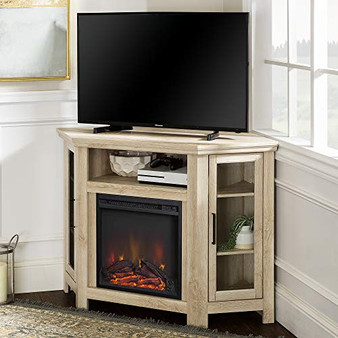 Walker Edison Furniture Company Tall Wood Corner Fireplace Stand for TV's up to 55" Flat Screen Living Room Entertainment Center, 48 Inch, White Oak