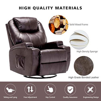 windaze Massage Recliner Chair, 360 Degree Swivel Heated Recliner Bonded Leather Sofa Chair with 8 Vibration Motors, Brown