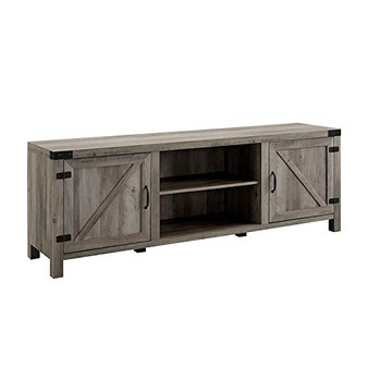 Pemberly Row 70" Farmhouse Barn Door Rustic Wood TV Stand Console with Storage in Rustic Gray Wash