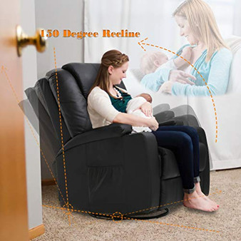 Massage Recliner Chair Reclining Sofa PU Leather Electric Massage Chair with 360 Degree Swivel Remote Control 6 Point Vibration Modes 2 Cup Holders