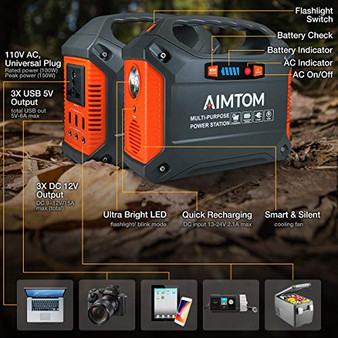 AIMTOM 155Wh Portable Power Station, Solar Rechargeable Lithium Battery Backup Power Supply with 110V/100W (Peak 150W) AC Inverter Outlet, USB Ports, DC Output for Outdoors Camping Travel Emergency