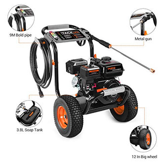 TACKLIFE Gas Pressure Washer, 3300PSI at 2.6GPM, High Power Engine, Soap Tank & 5 Interchangeable Nozzles, Easy to Remove Dirt Gas Power Cleaner, Essential for Vehicles, Patios, Ground, Driveways