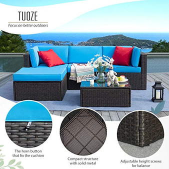 Tuoze 5 Pieces Patio Furniture Sectional Set Outdoor All-Weather PE Rattan Wicker Lawn Conversation Sets Cushioned Garden Sofa Set with Glass Coffee Table (Blue)