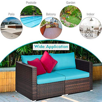 Tangkula 2 PCS Outdoor Wicker Corner Sofa Set, Patio Rattan Loveseat w/Removable Cushions, Sectional Sofa Set Additional Seats for Balcony Patio Garden Poolside (Turquoise)
