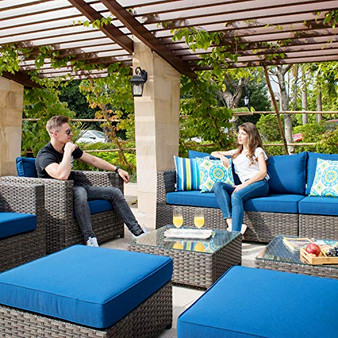 ovios Patio Furniture Set, Big Size Outdoor Furniture Sets,PE Rattan Wicker sectional with Pillows and Furniture Cover, No Assembly Required (Grey-Navy Blue)