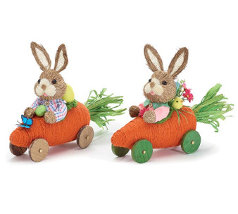 BOY AND GIRL BUNNIES IN CARROT CAR