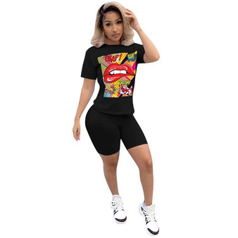 Women Sport Tracksuit Two Piece Set Summer Letter Print Short Sleeve Crop Top T-Shirt Pants Suit