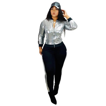 Sequins Patchwork Fashion Two Piece Set Zipper Long Sleeve Jacket Top Pockets Casual Pants Female Tracksuit