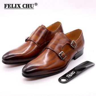 FELIX CHU Mens Wedding Monk Strap Dress Shoes Genuine Leather Men Basic Brown Formal Shoes Double Buckle Luxury Men's Shoes
