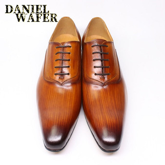 LUXURY MEN'S OXFORD SHOES GENUINE LEATHER HANDMADE BLACK BROWN PRINTS LACE UP POINTED TOE WEDDING OFFICE FORMAL DRESS MEN SHOES