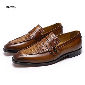 Luxury Mens Dress Shoes Crocodile Print Brown Genuine Leather Double Buckles Business Office Formal Slip On Shoes Men's Loafers