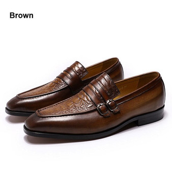 FELIX CHU Casual Business Men's Dress Shoes Genuine Leather Crocodile Print Brown Party Wedding Mens Loafers With Double Buckles