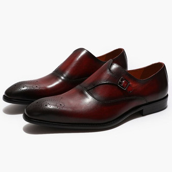 FELIX CHU Men's Brown Dress Shoes Loafer Classic Medallion Toe Genuine Leather Buckle Monk Strap Man Formal Shoes Black Burgundy