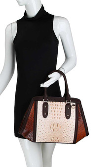 2in1 Two Tone Croco Pattern Satchel With Matching Wallet